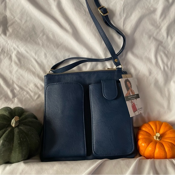 Mundi Pockets Plus Crossbody Bag with SafeKeeper in Navy Blue Vegan Leather - Picture 7 of 13